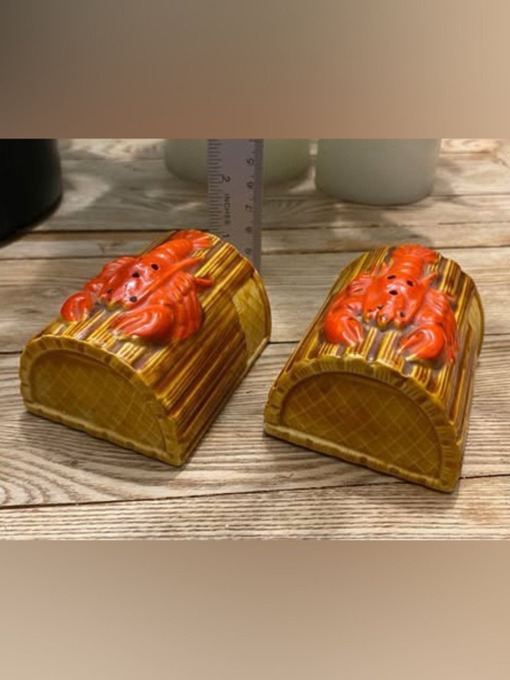 Vintage Japan Ceramic Lobster Salt & Pepper Shakers Lobster Trap Motif